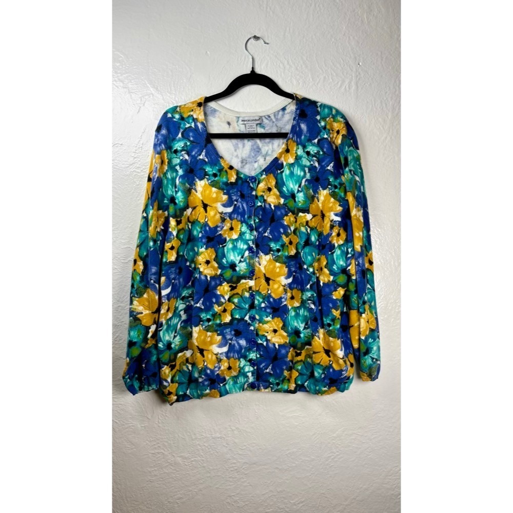 Jessica London Floral Cardigan 3X Blue Yellow Cotton Knit Artsy Grannycore Bold